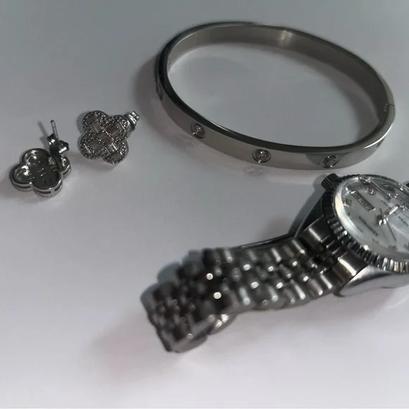 Silver Watch, Bracelet, and Earrings Set - Picture 2 of 3